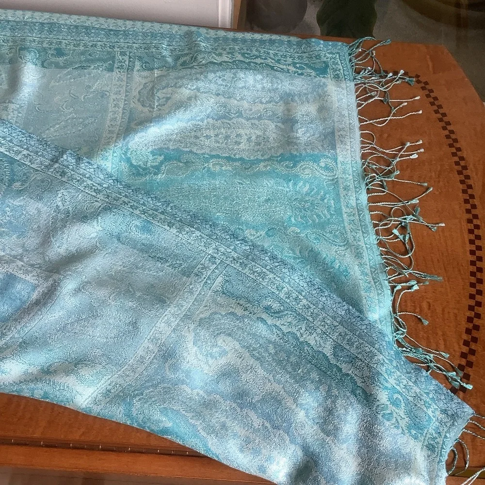Silk Aqua Blue Paisley Summer Wrap with Fringe